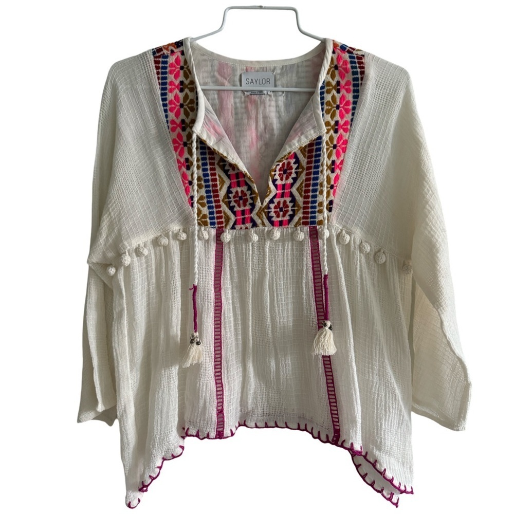 Saylor Boho 100% Cotton Blouse Top Gauzy Embroidered Size Small